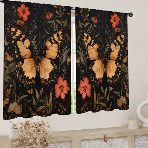 Famiffty Butterfly Floral Kitchen Curtains 27.5W X 39L Inches 2 Panels Dark Black Flower Vintage Aesthetic Watercolor Botanical Small Short Cafe Tier Leaf Plant Window Drapes Treatment Bathroom Decor by Famiffty - Image 4