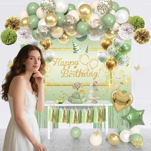 Image of Green Happy Birthday Banner Birthday Backdrop for Girls Women 71 x 43 Inch Greenery Gold Party Photograph Backdrop Decoration Supplies