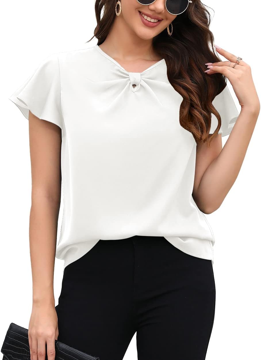 Women’s 2023 Casual V-Neck Bow Knot Tops Short Sleeve Curved Keyhole Back Chiffon Blouse Shirt