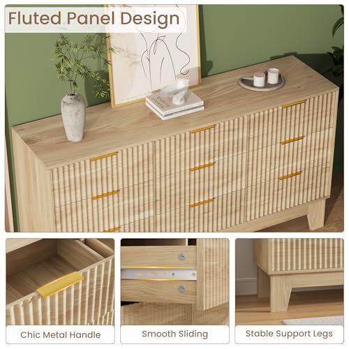 Image of Garvee 9 Drawer Dresser for Bedroom, 59 inch Wide Fluted Chest of Drawers with Metal Handle, Modern Wooden Dresser TV Stand, Clothes Storage Organizer Wood Closet for Hallway, Entryway, Natural Oak