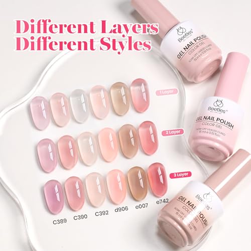 Image of Beetles Sheer Blush Nude Gel Nail Polish Set - 6 Colors 15ML Full Size Nude Pink Brown Neutral Jelly Gel Polish Kit Sheer Translucent Effect Soak Off UV Nail Art Design Manicure Gift for Women