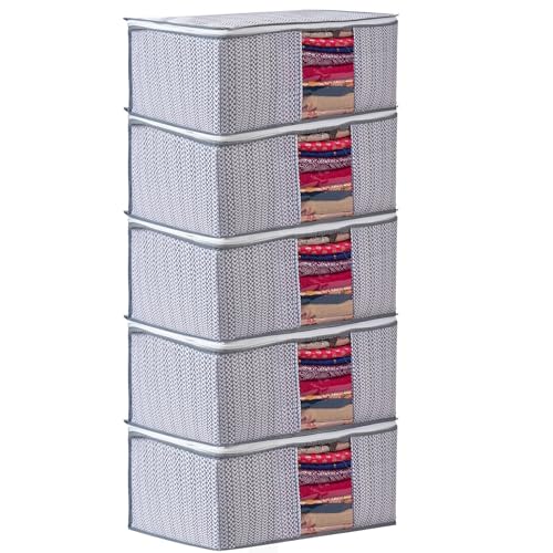 Image of Non-Woven Saree Covers with Zipper and Transparent Window - Clothes Storage Bag for Wardrobe Organization (Grey, PACK OF 5)