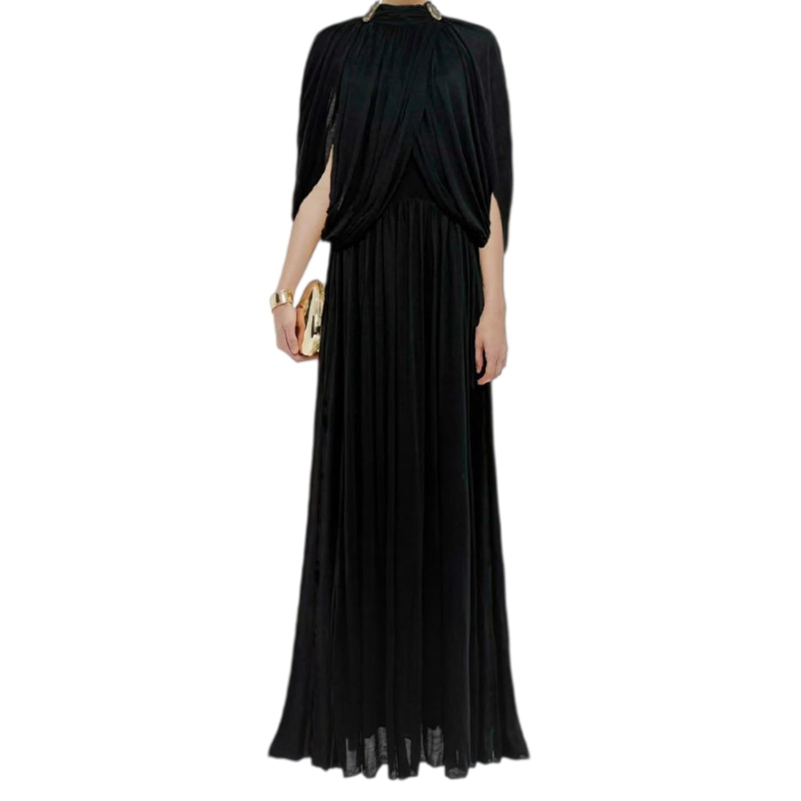 Damenkleid Frauen Elegantes Ruched Langes Kleid O Hals Kreuz Ärmel Form Fitting Cocktail Mit Metall Pin Detail Für Party Wear-01 Green-s