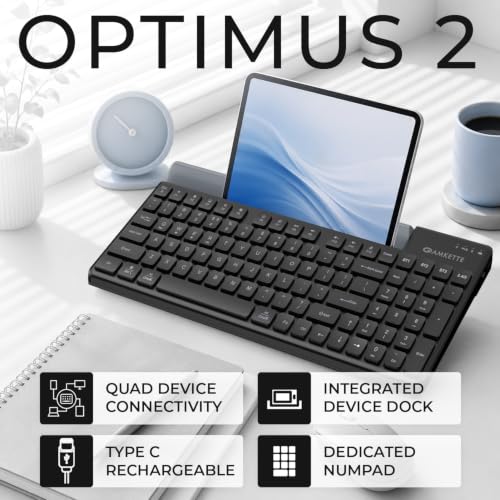 Image of Amkette Optimus 2 Multi-Device Wireless Keyboard /Bluetooth Keyboard, Connect 4 Devices, Professional Grade-Low-Profile Keys, Rechargeable USB-C, Built-in Device Dock, Windows /macOS /Android /iOS