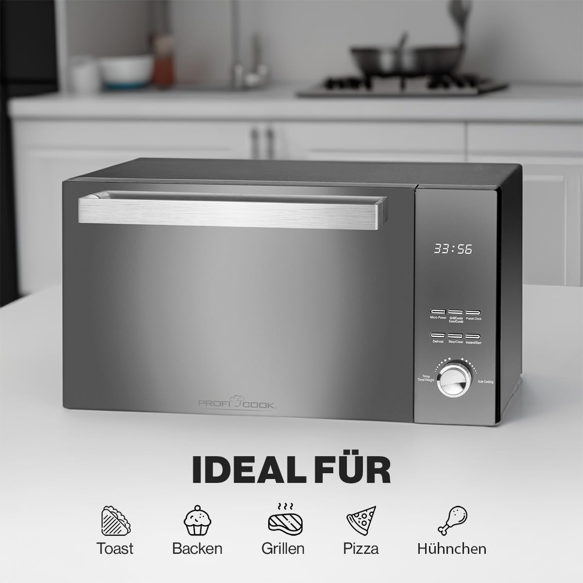ProfiCook PC-MWG 1204 Four à micro-ondes avec gril, espace de cuisson 23 litres, puissance micro-ondes 800 watts, puissance gril 1000 watts, porte à double vitrage avec poignée en acier inoxydable
