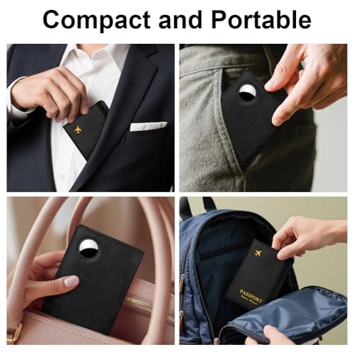 AOOSU Reisepasshülle mit Airtag Halter, Kunstleder Passport Hülle, Passhülle RFID-Blocker Passport Cover für Damen und Herren Reisepass Hülle, Travel Passport Holder für Kreditkarten Ausweis - Schwarz