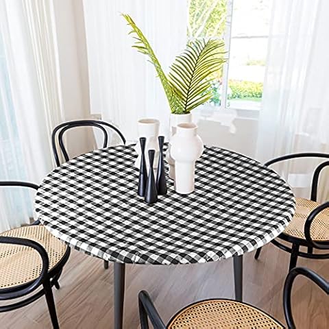Sorfey Tablecloth -Fitted with Elastic, Vinyl with Flannel Back, Fits for Table 30 Inches Round ,Water Proof, Easy to Clean, Checked Black Design Cover