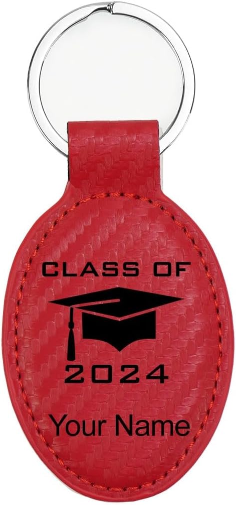 LaserGram Oval Keychain, Grad Cap Class of 2024, 2025, 2026, 2027, Personalized Engraving Included (Carbon Fiber Red)