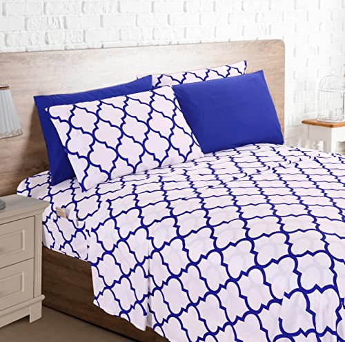 Elegant Comfort 4-Piece Moroccan Trellis Print Sheet Set, Super Cozy, Fade and Wrinkle Resistant, 1500 Premium Hotel Quality Microfiber, Deep Pocket Fitted Sheet with Smart Pockets, Twin, Blue