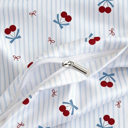 Image of Nayoroom Blue Striped Bow Duvet Cover Queen Size Red Cherry Duvet Cover 3 Pieces Soft Lightweight Microfiber Girls Cute Aesthetic Dorm Bedding Set with Zipper Closure