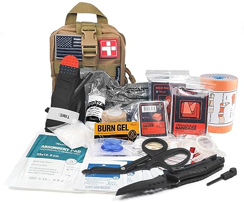 Survival First Aid Kit with Tourniquet, 6" Israeli Bandage, Splint, Tactical Military Combat Molle IFAK for Wound Care, Bleeding Control, Trauma Hemorrhage and More (Khaki)