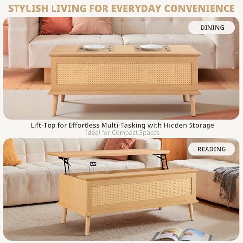 Image of Ink+Ivy Solid Wood Lift Top Coffee Table with Storage Compartments and Large Shelves, Handwoven Rattan Accent Sides, Oak Wood Grain Coffee Tables for Home Living Room Natural