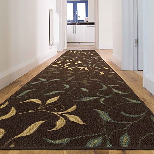 Machine Washable Leaves Design Non-Slip Rubberback 3X10 Traditional Runner Rug For Hallway, Kitchen, Bedroom, Living Room, 2'7" X 9'10", Brown #TOP3