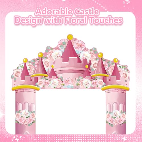 Image of Princess Castle Door Banner - 3PCS Pink Castle Backdrop with Floral Towers, Hanging Princess Photo Booth Backdrop for Girls Birthday Party Baby Shower Decorations
