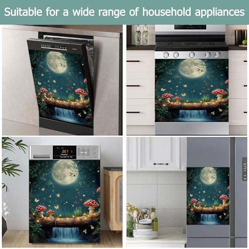 Image of Dishwasher Cover,Red Mushroom Reusable Dishwasher Magnet Cover,Decorative Moon Night Butterfly Magnetic Refrigerator Cover Front Panel Cover for Kitchen Decor 23x26 Inch