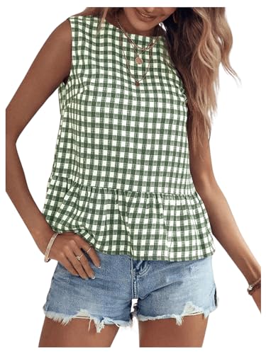 Floerns Women's Gingham Print Sleeveless Round Neck Ruffle Hem Peplum Blouse Top