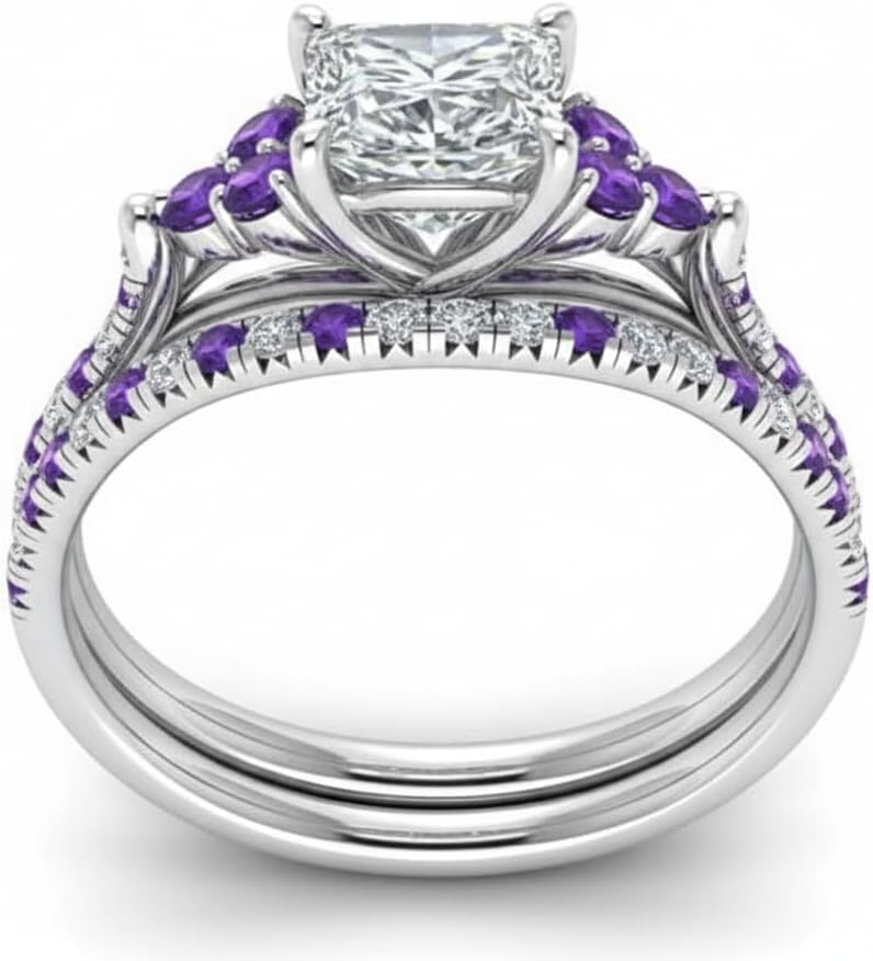 Choose Your Gemstone Princess Cut Petite Cathedral Wedding Ring Set Sterling Silver Princess Shape Wedding Ring Sets Minimal Modern Design Birthday Gift Wedding Gift US Size 4 to 12