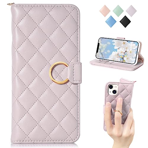 MAGICASE For iPhone13 ケース 手帳型 人気 アイフォン 13ケース 手帳型 チェック柄 刺繍 あいふぉん13 手帳カバー カード収納 スタンド機能 リング付き おしゃれ 可愛い 財布型レディース 女性 美しい アイホン13 手帳型 かわいい 折り畳み式 横置き機能 高級PUレザー 気質 贈り物 落下防止 全面保護 (iPhone 13， 6.1inch対応）パープル