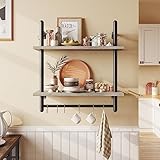 Bestier Floating Shelves Kitchen Shelves Wall Mounted 24' Wood Floating Shelf Bathroom 2 Tier Ladder Shelves with Tower Bar, Wall Decor for Bedroom, Living Room, Wine bar & Dorm,Grey Oak