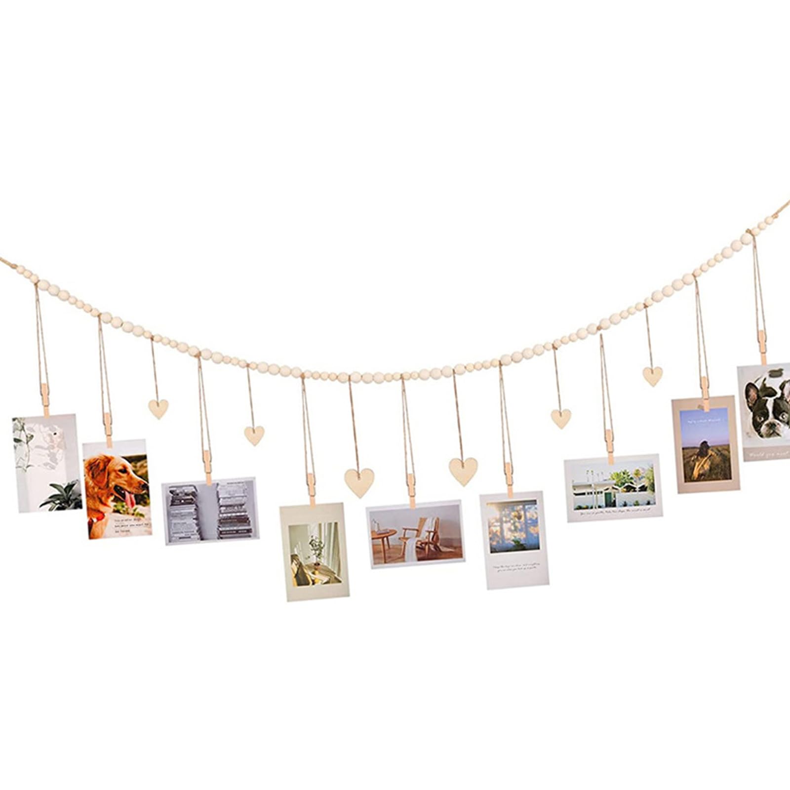 Kalttoy Hanging Photo Display with Clip, Bohemians Wooden Beads Garland Collage Picture Frame Wall Decors, Photo String with 9 Clip Hanging Display with