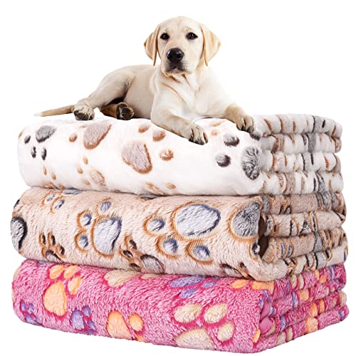 Image of Rezutan Dog Blankets for Large Dogs, Upgraded 3 Pack Dogs Cat Blanket Washable 41 inch x 31 inch, Soft Pet Throw Cover Suitable for Kennel Crate Bed, Cute Paw Pattern, White /Brown /Pink