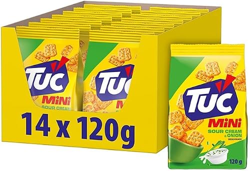 TUC Mini Sour Cream & Onion, Cracker, 120 g (14er-Pack) | Knusprige Mini Snackcracker mit Sauerrahm- und Zwiebelgeschmack, ideal für Lunch oder Picknicks