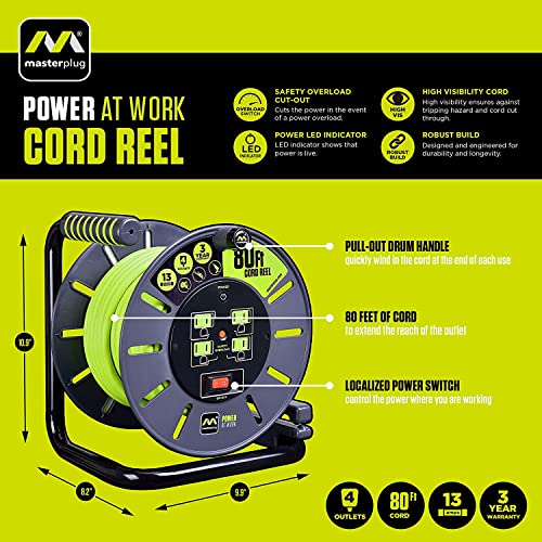 Masterplug Power At Work Four Power Outlets, Open Cord Reel With Winding Handle, Overload Circuit Breaker And Power Switch, 80 Feet 14Awg, High Visibility Cord, Green #TOP3