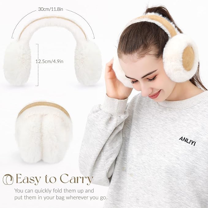 Image of Alexvyan Foldable Beige Dual Color Winter Ear Muffs Ear Warmers for Girls Boys Warm Earmuffs Soft Fur Cold Protection Earband Ear Protection Winter Women & Men - Outdoor Running Cycling Bike