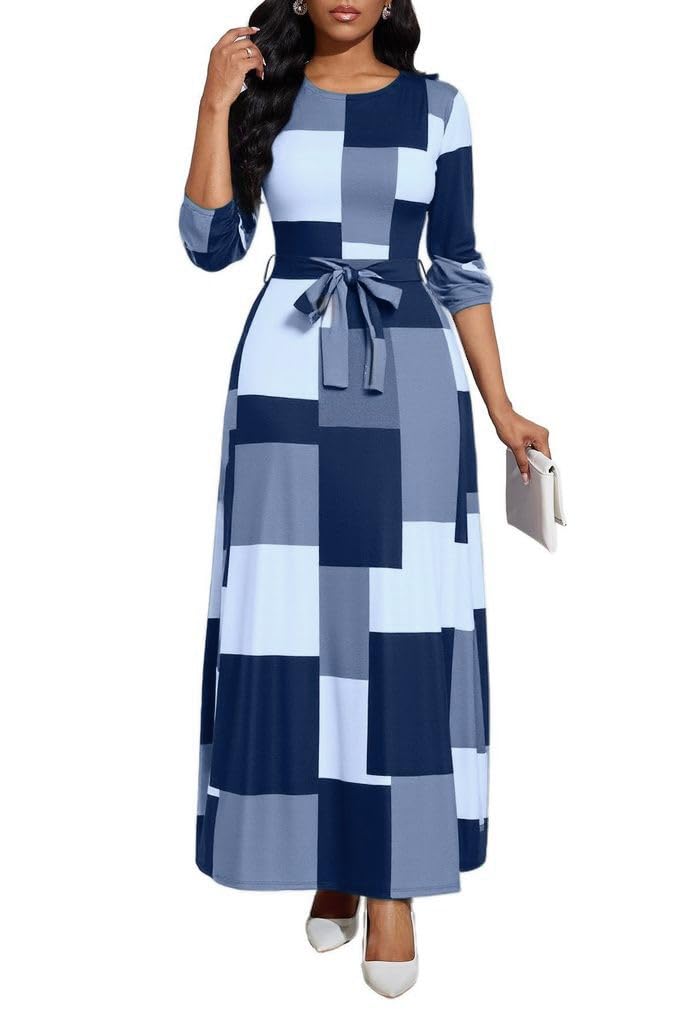 BubFee Long Dress for Women Casual Long Sleeve Dresses Maxi Dress Empire Waist Loose with Belt