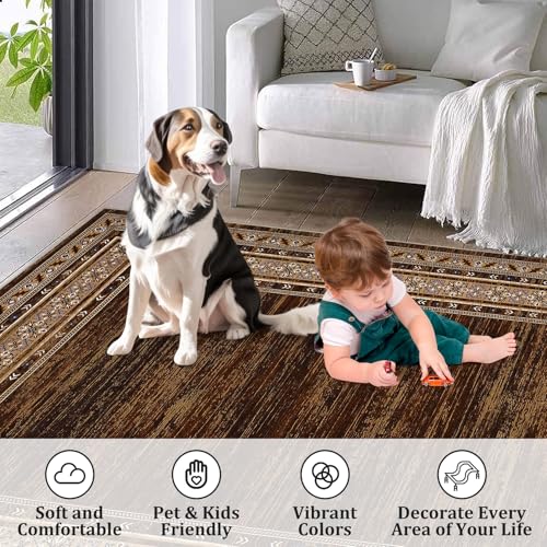GlowSol Modern Washable Rug 8x10 Rug Bordered Solid Brown Rugs for Living Room Non-Shedding Stain Resistant Large Rug Washable Neutral Rug Non-Slip Bedroom Throw Carpet for Apartment Farmhouse