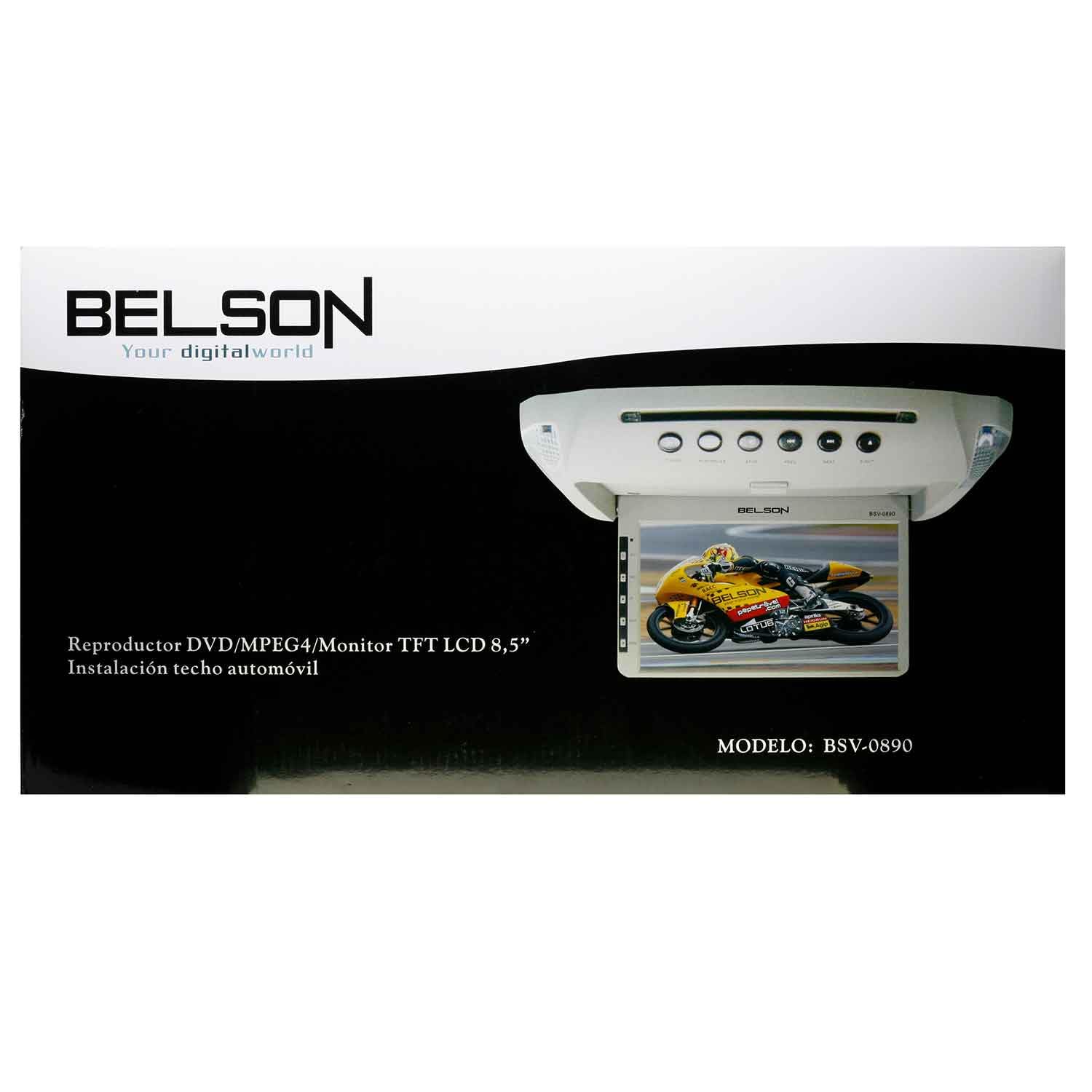 Belson BSV-0890 Reproductor DVD con Monitor TFT LCD 8.5 Pulgadas para Techo de Automóvil, Control Remoto, Múltiples Idiomas, Compatible con PAL y NTSC