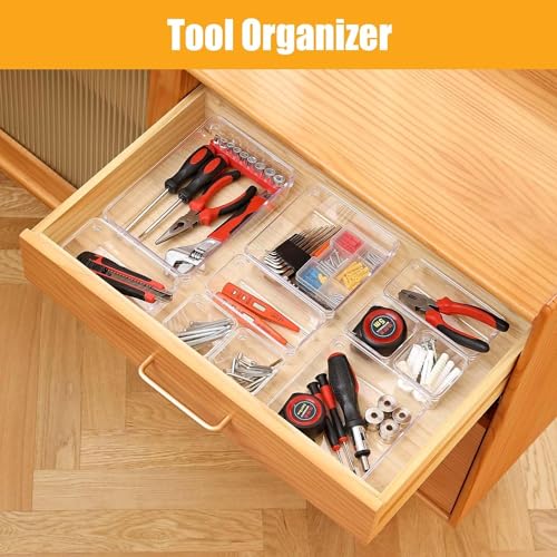 Image of Desk Drawer Organizers Trays Set Clear Plastic Storage Bins Bathroom Drawer Tray Dividers Vanity Trays Organizer For Bedroom Dresser Makeup Kitchen Utensil Office (Set Of 10), Transparent