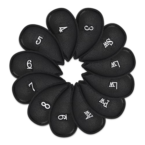Juego de 12 fundas para cabeza de hierro para palos de golf, de cuero sintético grueso, para cabeza de hierro de golf, se adapta a todas las marcas Titleist, Callaway, Ping (negro profundo)