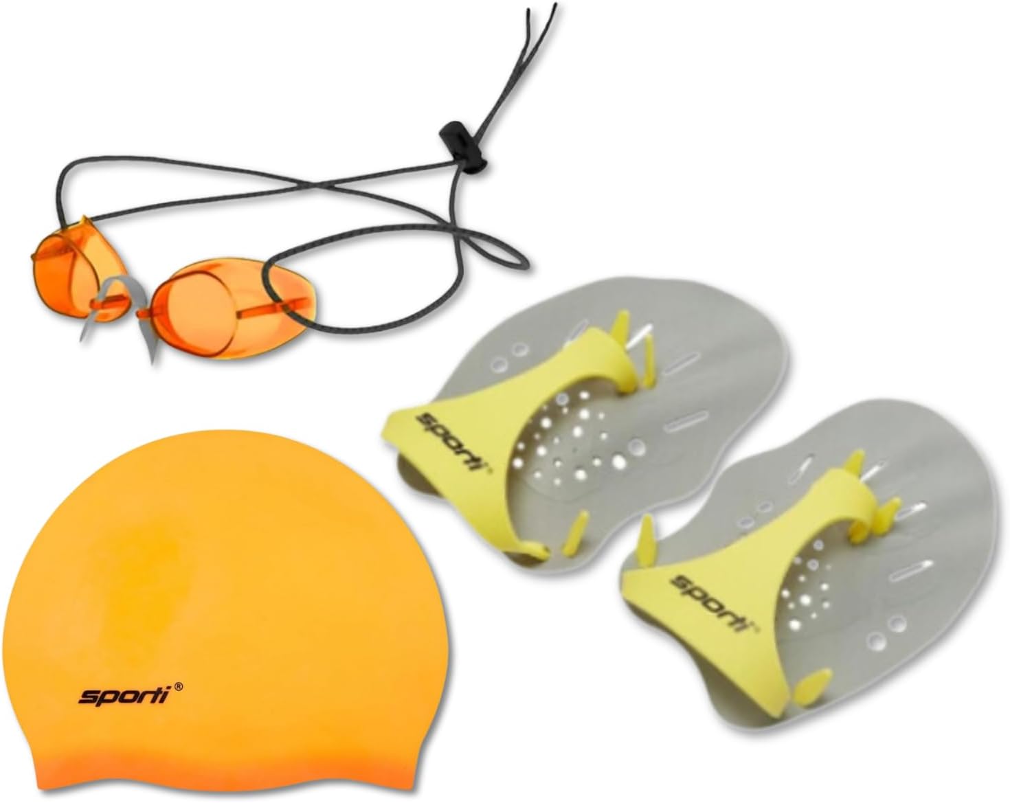 Sporti Performance Enhancing Swim Paddle (Large), Silicone Cap & Anti-Fog Goggle Strap Set - The Ultimate Swimmer's Combo