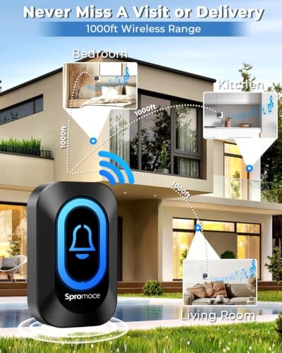 Image of Spromoce Wireless Door Bell with 2 Receiver, 1000FT Long Range Door Bell without Wire for Office, IP55 Waterproof Cordless Remote Calling Bell with 6 Vibrant Light Modes, 38 Ringtone