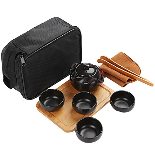 Goodbag ChineseJapanese Kungfu Tea Set - Porcelain TeapotTeacupsBamboo Tea TrayTea ClipTea Mat with a Portable Travel Bag 9PCS