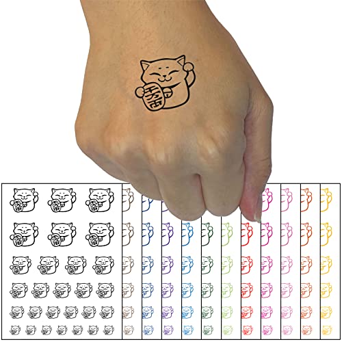 Maneki Neko Lucky Cat Temporary Tattoo Water Resistant Fake Body Art Set Collection - Dark Green (One Sheet)