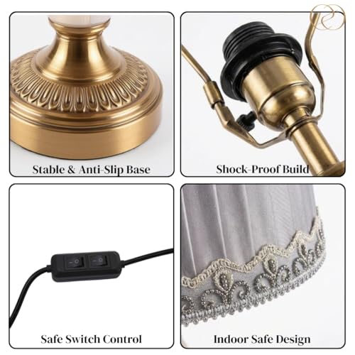 Image of ELARE Classic Brass Finish Table Lamp with Silver-Grey Pleated Fabric Shade & Decorative Trim | Luxury Bedside Night Lamp for Bedroom & Living Room | Modern Decorative Table Light for Home Decor