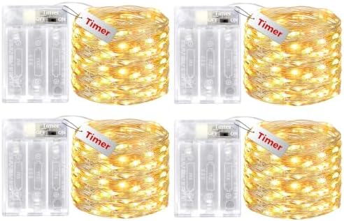bitjam 4 Stück 100 LED Lichterkette Batterie Timer, 10M Lichterkette Innen | IP65 Wasserdicht Silber Draht, Kleine 3AA Lichterketten Batteriebetrieben für Party Hochzeit Tisch Weih