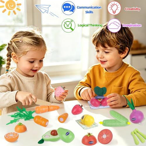 Wooden Fruit & Vegetable Play Food Set for Kids kitchen Accessories - Toddler Montessori Play Kitchen Food Toys, Wooden Cutting Toy with Storage Bag, Grocery Pretend Play Gifts for Girls Boys Ages 3+ - Image 5