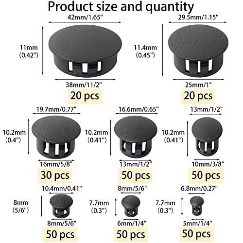 320Pcs 8 Sizes Black Plugs Hole Plastic Hole Plugs Hole Round Plugs, Plastic Hole Cover Snap In Locking Hole Plugs For Kitchen Cabinet Furniture (3/16“, 1/4“,5/16“, 3/8“,1/2“, 5/8“, 1“, 11/2“) #TOP6
