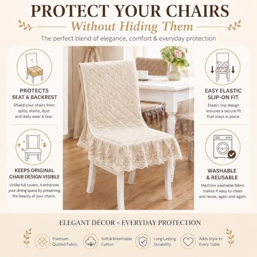Image of HOMETHREADS Vintage Dining Chair Protector Cover, Quilted Cotton with Lace Frills, Easy Slip-On Design, Protects Seat & Backrest While Keeping Chair Visible, Washable & Reusable, Beige (Pack of 6)