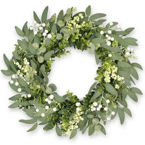 Petalyn Eukalyptus-Kranz 50 cm/20 Zoll für Haustür künstlicher grüner Türkranz mit Beeren Frühlings- & Sommerkranz ganzjährig für Wand Fenster Kamin Landhaus-Deko