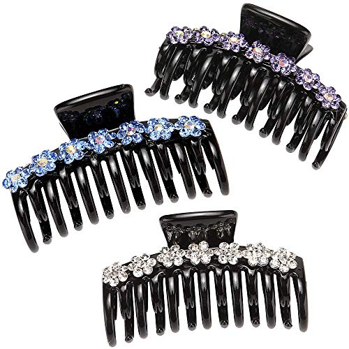 Pince à cheveux double dent et fleur en strass blanc violet bleu x3