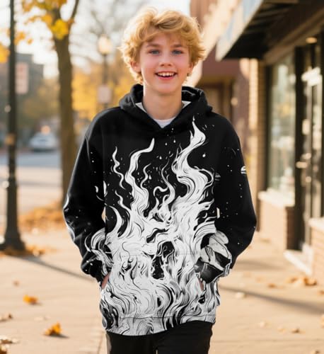 Image of Lovekider Youth Boys Hoodies Sweatshirt with Big Pocket 3D Black Blue Hooded Sweater Hip Hop Cool Sweatshirt for Fall Winter 11-13 Years Old