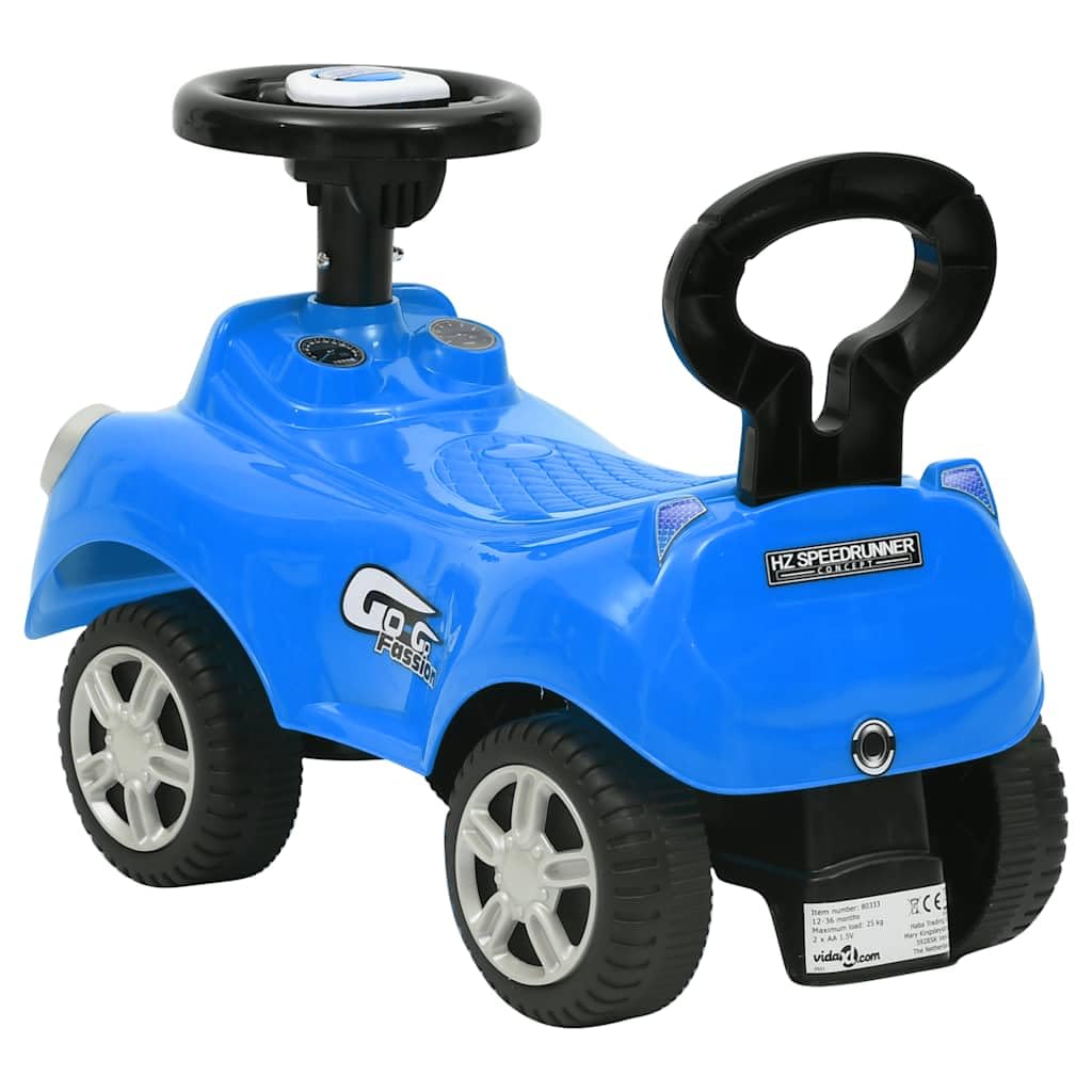 Carrito deslizante de plástico azul con claxon, respaldo como asa, 4 ruedas, 52,5 x 25 x 35,5 cm, hasta 25 kg, para bebés a partir de 12 meses