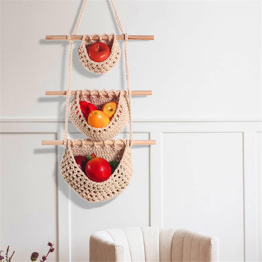 Hanging Fruit Basket ,3 Tier Over the Door Organizer, Handmade Woven Jute Wall Hanging Baskets for Organizing, Wall Basket Decor, Storage baskets for kitchen.. (Brown)