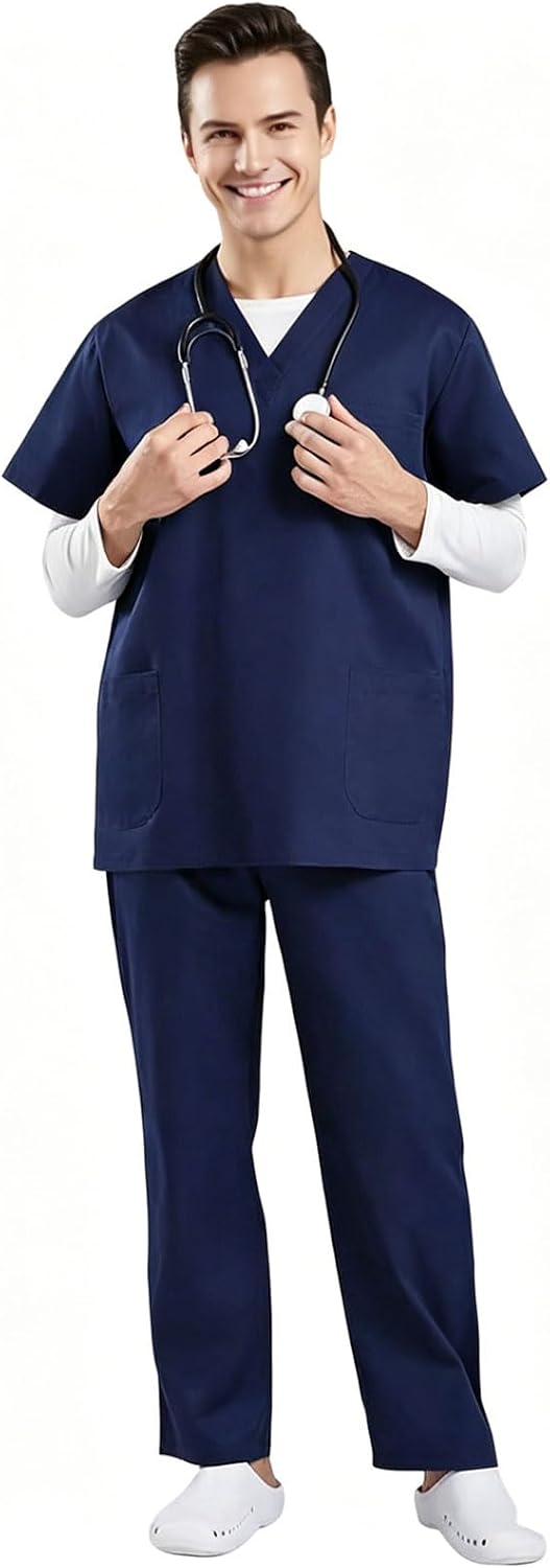 OEDZUNG Men's 2-Piece Scrub Set - Stretchy V-Neck Top & Elastic Waist Pants, 3-Pocket Quick-Dry Medical Uniform