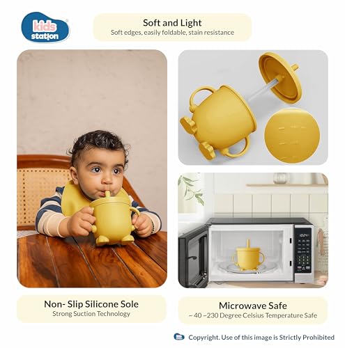 Image of Kids Station 8-Piece Silicone Baby Feeding Set | Suction Bowl, Plate, Bib, Cup, Spoon & Fork | 100% Food Grade BPA-Free Silicone | Non-Slip, Easy to Clean (Pack of 8, Yellow)