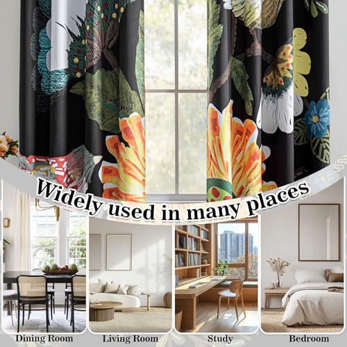 Image of MYSKY HOME Black Boho Floral Blackout Curtains 84 inch Length 2 Panels Set for Living Room Thermal Insulated Black Out Energy Saving with Bird Patterned Grommet Drape for Dining Room, 52 inch x 84 inch